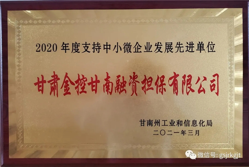 金控甘南担保荣获2020年度支持中幼微企业发展先进单元称号